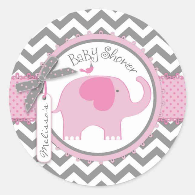 Pink Elephant and Chevron Print Baby Shower Classic Round Sticker (Front)