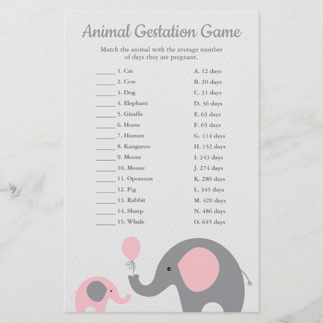 Pink Elephant Animal Gestation Match Shower Game (Front)