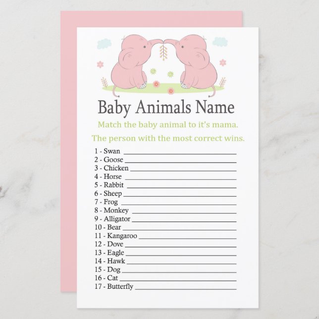 Pink Elephant Baby Animals Name Game (Front/Back)