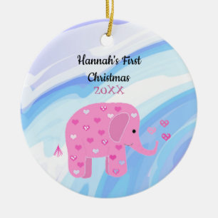 Pink Elephant Baby First Christmas Ceramic Ornament