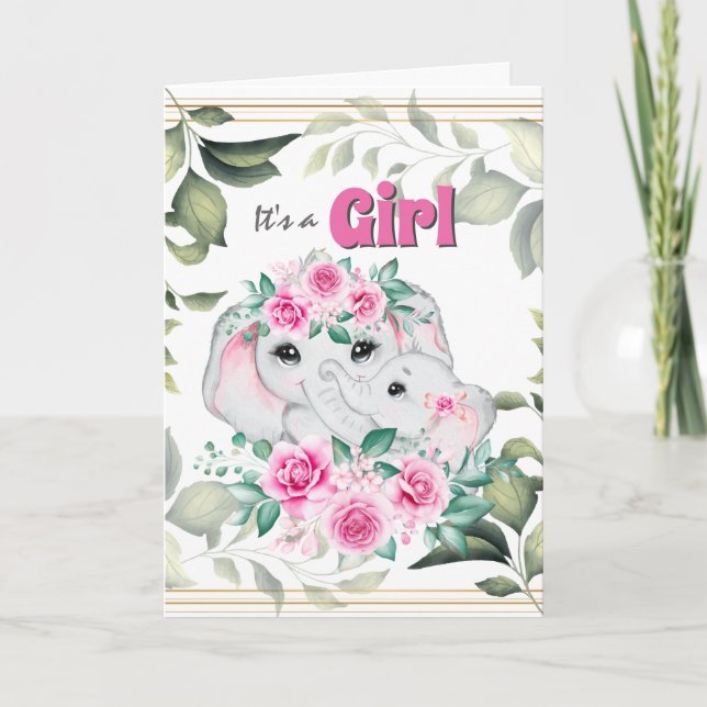 Pink elephant baby girl birth wreath announcement (Front)