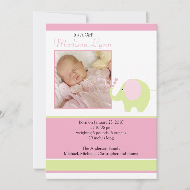 Pink Elephant Baby Girl Photo Announcement Card (Front)