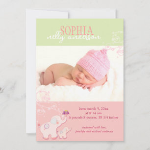 Pink Elephant Baby Girl Photo Birth Announcement