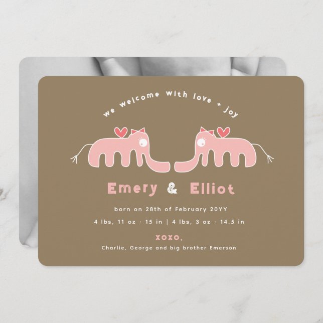Pink Elephant Baby Girl Photo Birth Announcement (Front/Back)