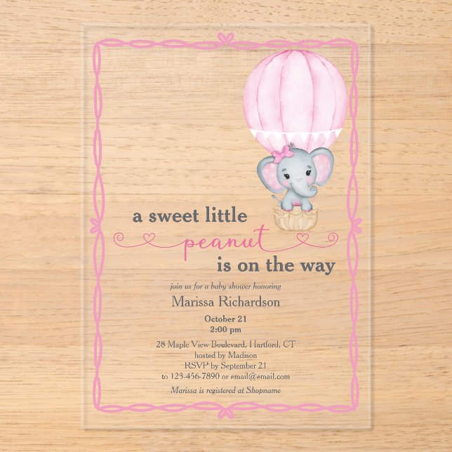 Pink Elephant Baby Girl Shower Acrylic Invitations (Front)