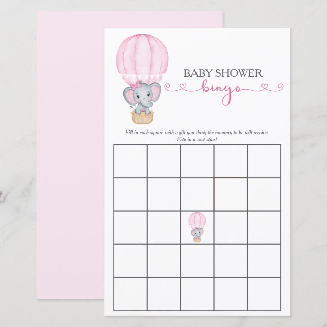 Pink Elephant Baby Girl Shower Bingo Game (Front/Back)