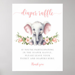 Pink Elephant Baby Girl Shower Diaper Raffle Poster