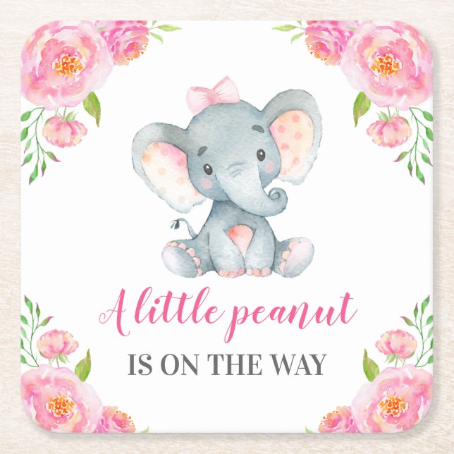 Pink Elephant Baby Girl Shower Sprinkle Birthday Square Paper Coaster (Front)