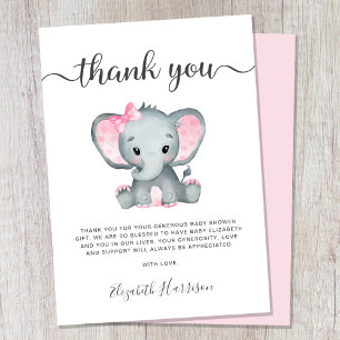 Pink Elephant Baby Girl Shower Thank You Card