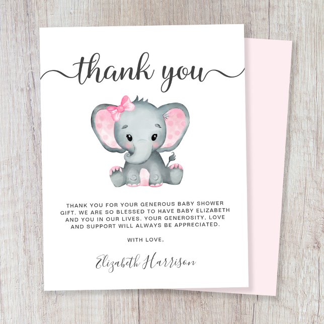 Pink Elephant Baby Girl Shower Thank You Card (Creator Uploaded)