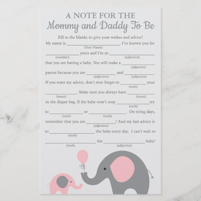Pink Elephant Baby Shower Advice Game Cards (Front)