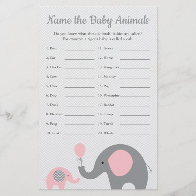 Pink Elephant Baby Shower Baby Animal Name Game Flyer (Front)