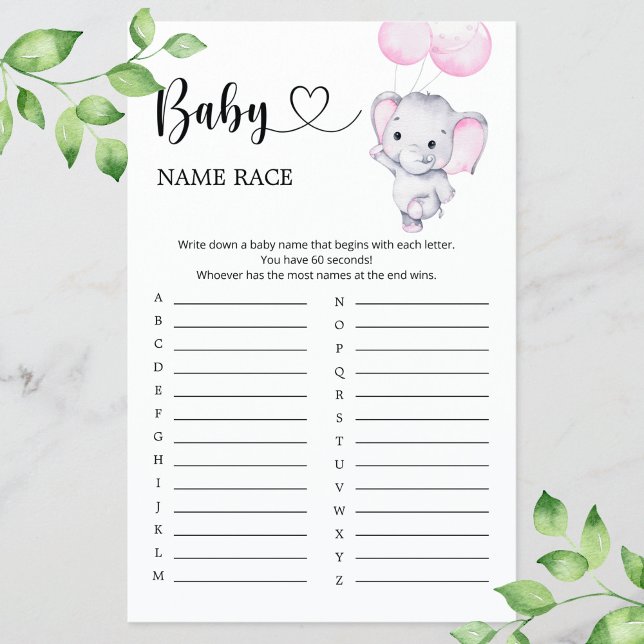 Pink Elephant Baby shower Baby Name Race Game (Creator Uploaded)