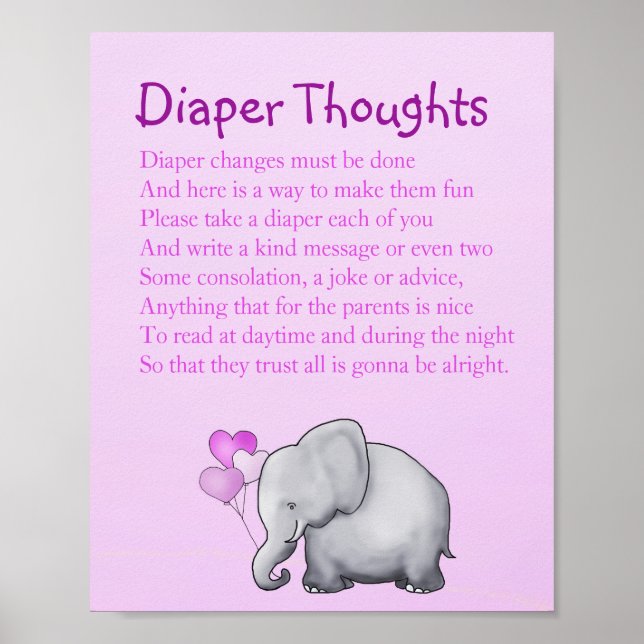 Pink Elephant Baby Shower Diaper Thoughts Game Poster (Front)
