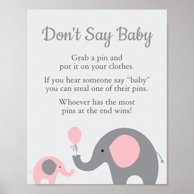 Pink Elephant Baby Shower Don't Say Baby Game Sign (Front)