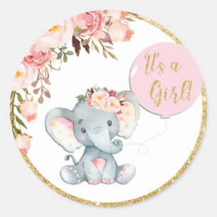 Pink Elephant Baby Shower Favor Sticker Labels