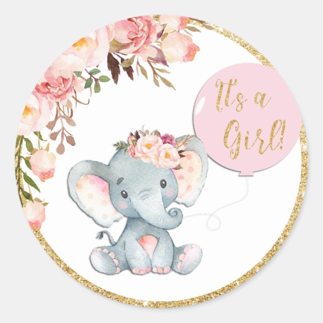 Pink Elephant Baby Shower Favor Sticker Labels (Front)