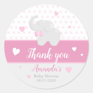 Pink Elephant Baby Shower Girl Thank You Sticker