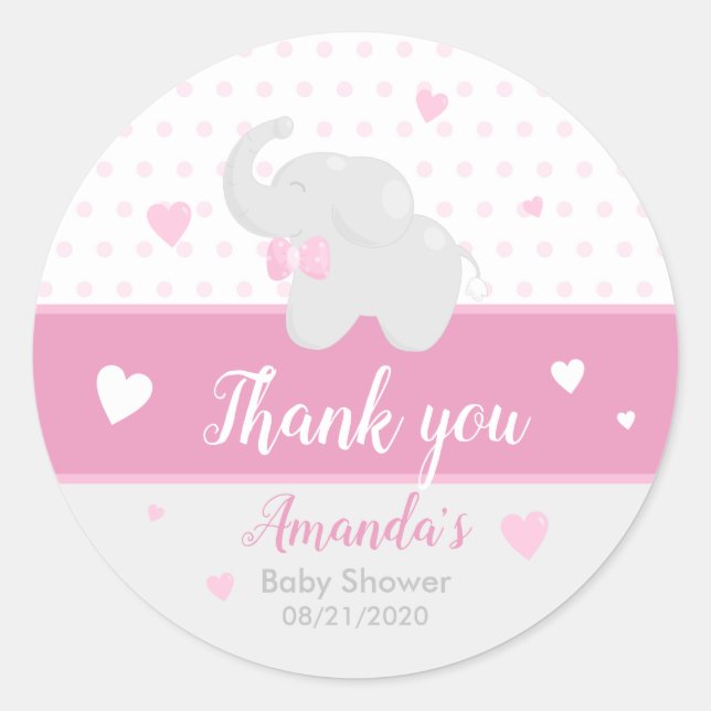 Pink Elephant Baby Shower Girl Thank You Sticker (Front)
