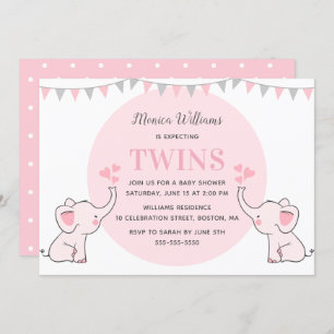 Pink Elephant Baby Shower   Girl Twins Baby Shower Invitation