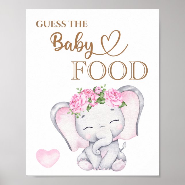 Pink Elephant Baby Shower Guess the Baby Food Poster (Front)