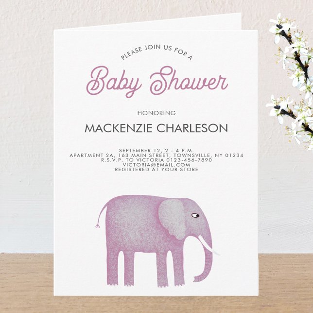 Pink Elephant Baby Shower Invitation (Pink watercolor elephant baby shower folded invitation)