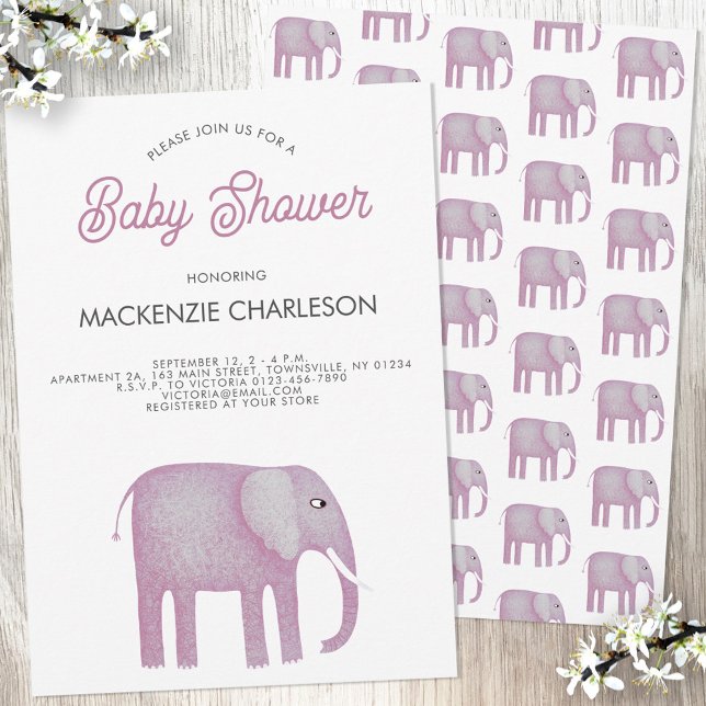 Pink Elephant Baby Shower Invitation (Pink watercolor elephant baby girl shower invitation)