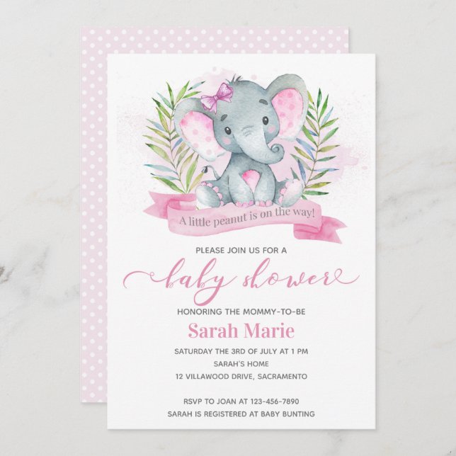 Pink Elephant  Baby Shower Invitation (Front/Back)