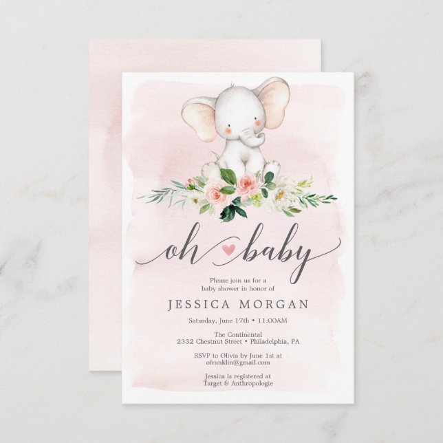 Pink Elephant Baby Shower Invitation Card (Front/Back)