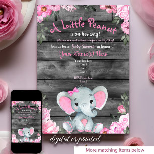 Pink Elephant Baby Shower invitation, rustic Girl Invitation