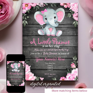 Pink Elephant Baby Shower invitation, rustic Invitation