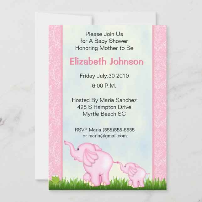 Pink Elephant Baby Shower Invitations (Front)