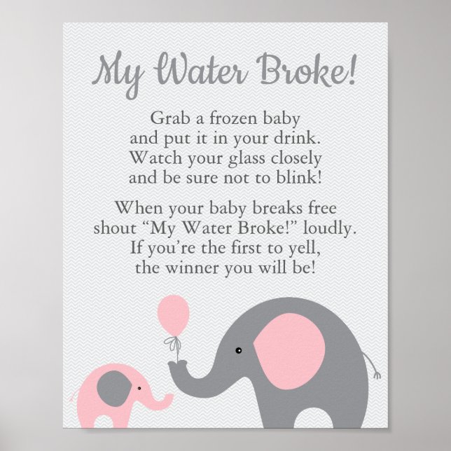 Pink Elephant Baby Shower My Water Broke Game Sign (Front)
