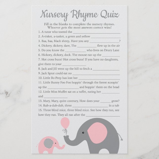 Pink Elephant Baby Shower Nursery Rhyme Quiz Game Flyer (Front)