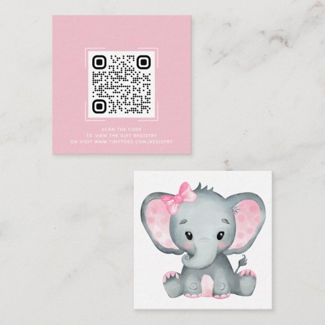 Pink Elephant Baby Shower Registry QR Code Card (Front/Back)