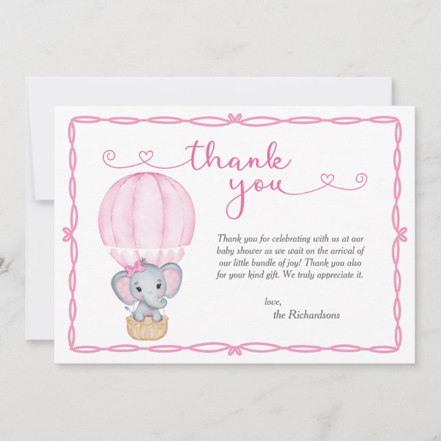 Pink Elephant Baby Shower Thank You Card (Front)