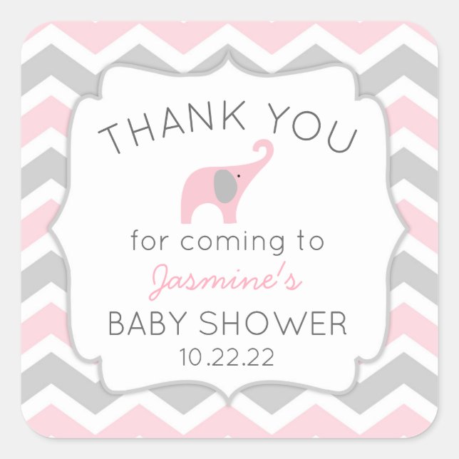 Pink elephant baby shower thank you favour sticker (Front)