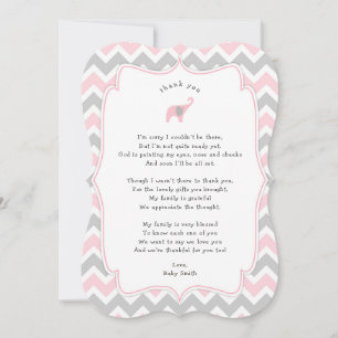Pink Elephant Baby Shower Thank you note with poem Card