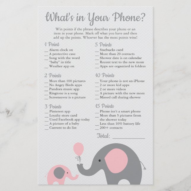 Pink Elephant Baby Shower What's in Your Phone Flyer (Front)