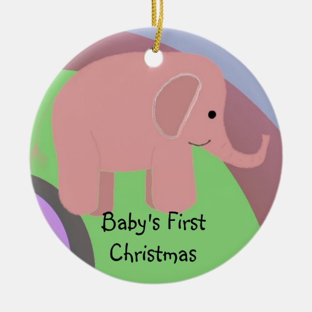 Pink Elephant Baby's Frist Christmas Ceramic Ornament (Front)