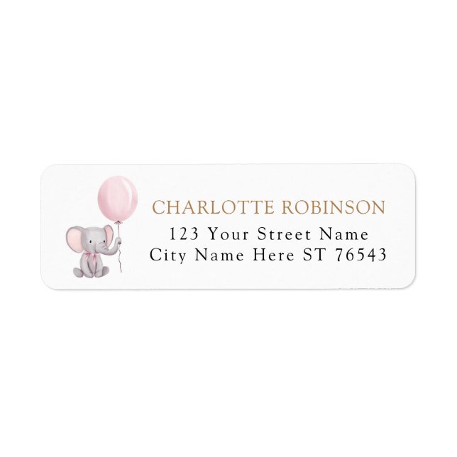 Pink Elephant Balloon Baby Shower Return Address Label (Front)