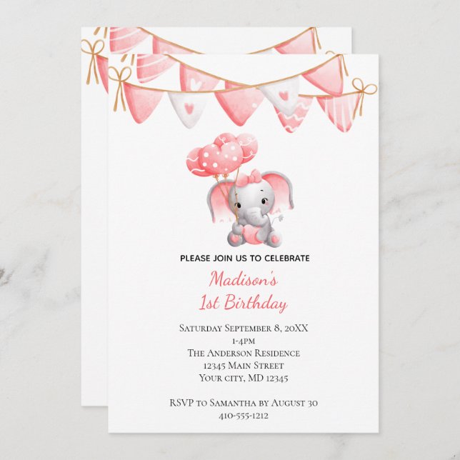 Pink Elephant Balloons Baby Girl Birthday  Invitation (Front/Back)