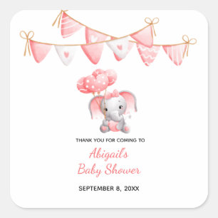 Pink Elephant Balloons Baby Shower  Square Sticker