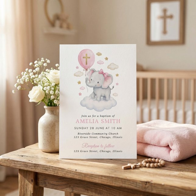 Pink Elephant Baptism Clouds Balloon Watercolor  Invitation (Creator Uploaded)