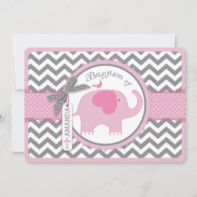 Pink Elephant Bird and Chevron Print Baptism Invitation (Front)