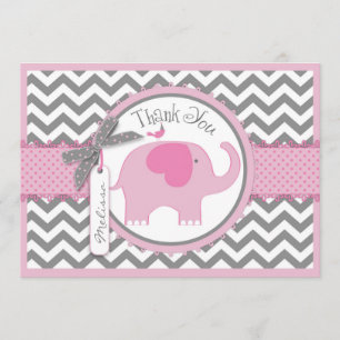 Pink Elephant Bird and Chevron Print Thank You Card