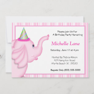 Pink Elephant Birthday Invite For Girls