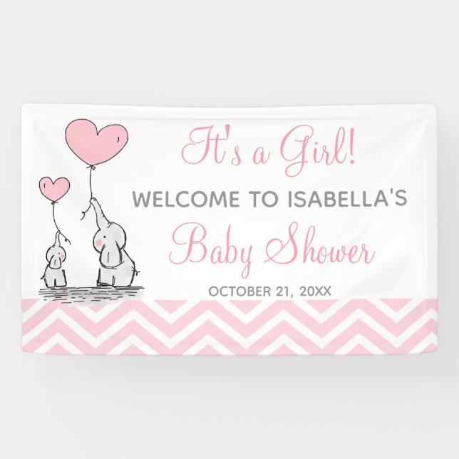 Pink Elephant Chevron Girly Baby Shower Banner (Horizontal)