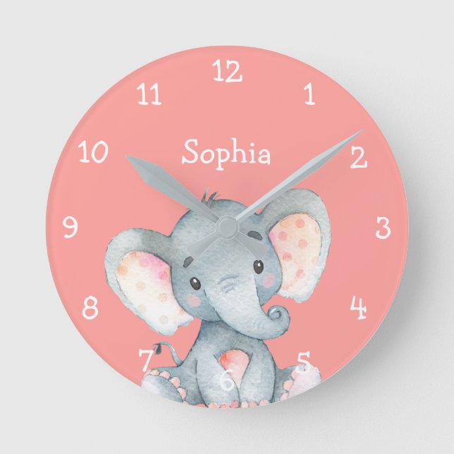 Pink Elephant Cute Baby Girl Name Personalized Round Clock (Front)