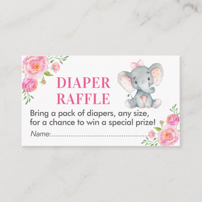 Pink Elephant Diaper Raffle Ticket Girl Shower Enclosure Card (Front)